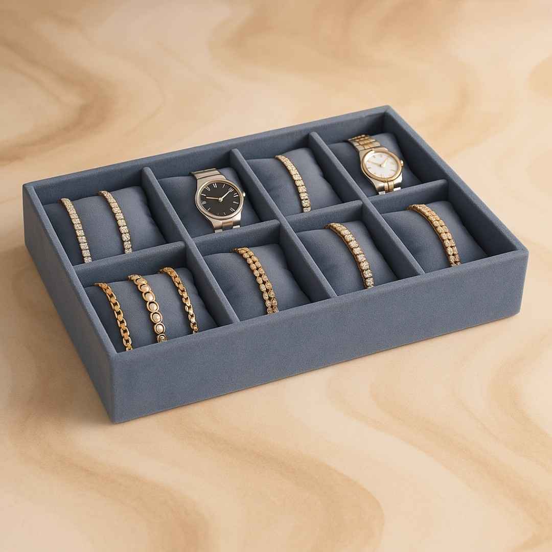 Grey velvet 8 slot bracelet organiser tray for luxury bracelet, bangle and jewellery organisation by La Trove