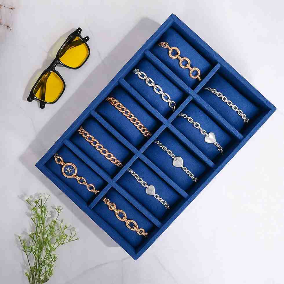 Blue velvet bracelet organiser tray with 10 individual compartments for premium jewellery storage – La Trove