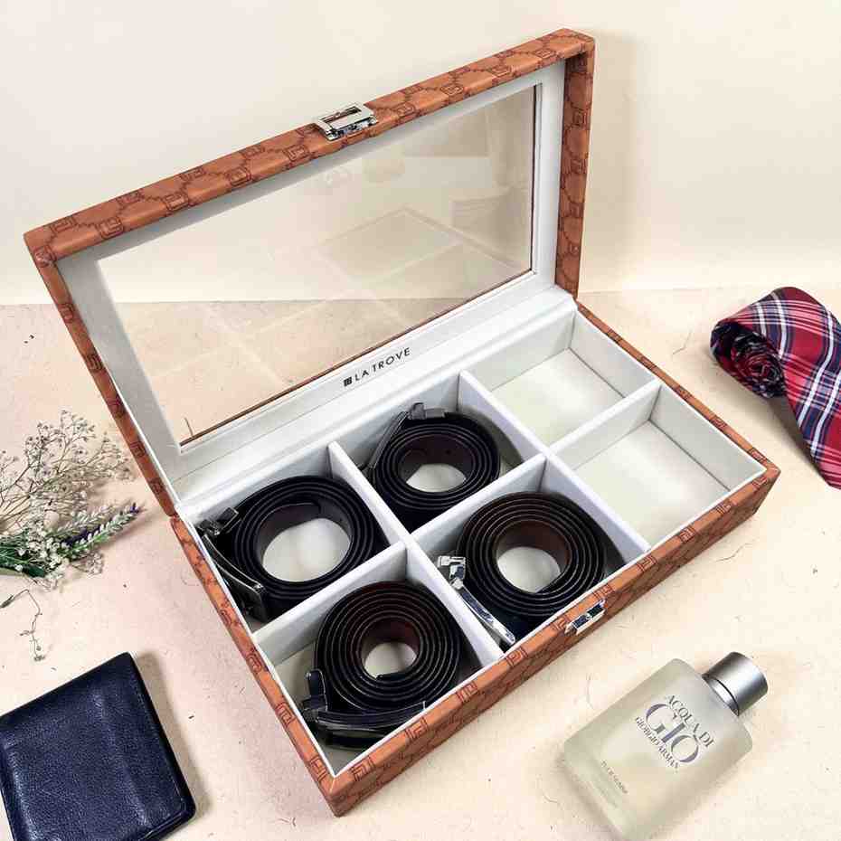 Designer 6 Slot Belt Box With Glass Lid