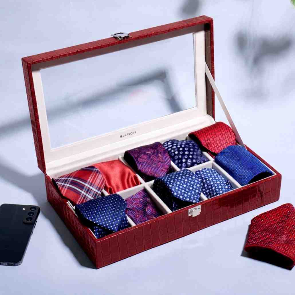 10 Slot Tie Pocket Square Box With Glass Top