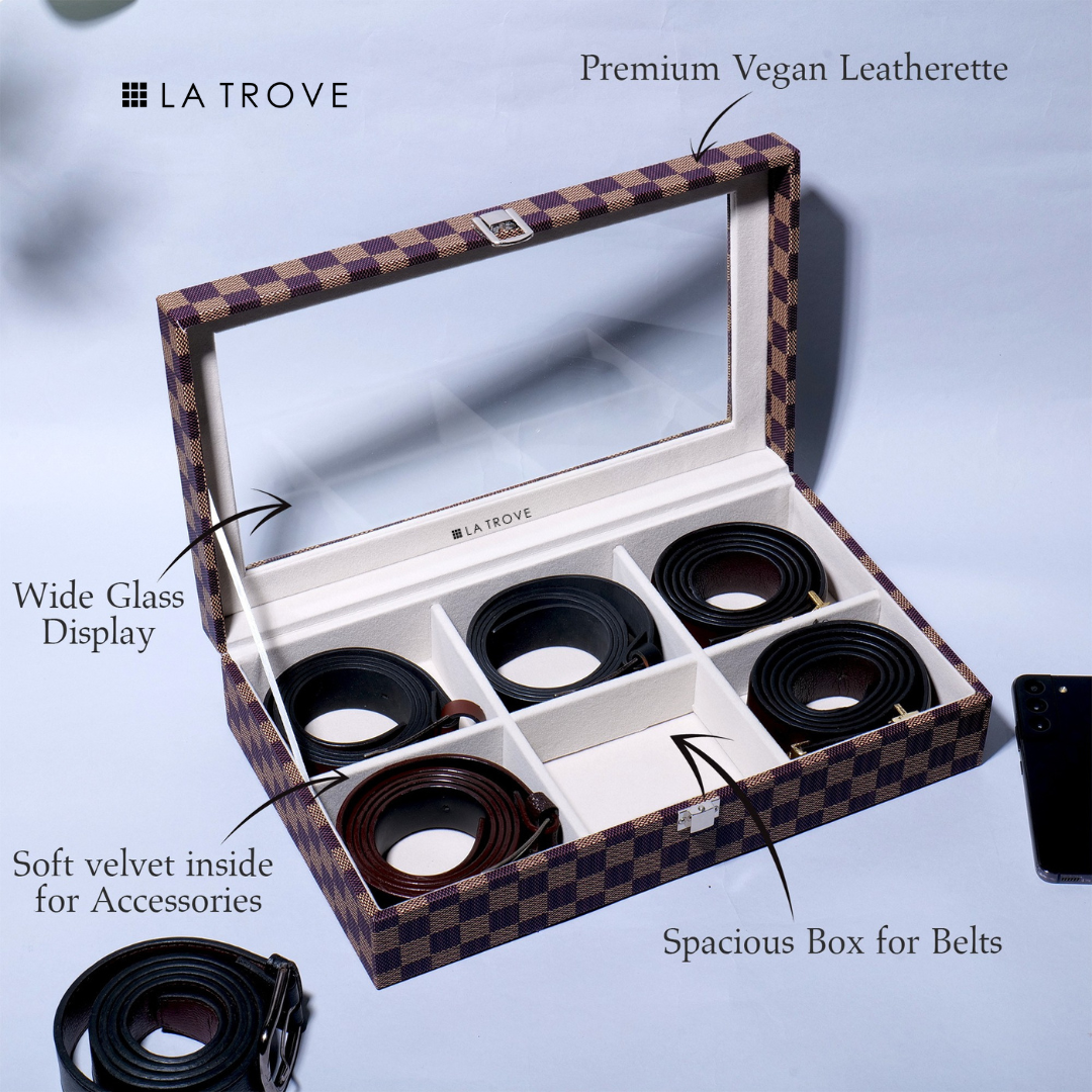 Designer 6 Slot Belt Box With Glass Lid
