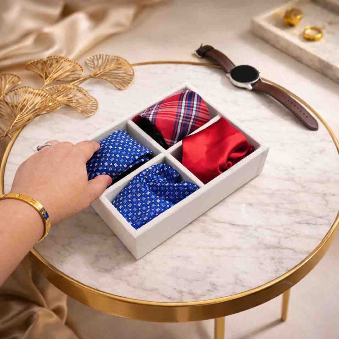 Cream velvet tie organiser tray with four compartments for folded ties, pocket squares and bow ties – La Trove