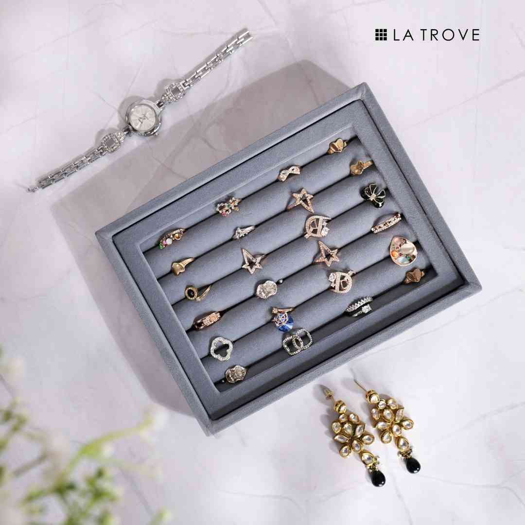 Grey velvet small ring and cufflink organiser tray for premium jewellery storage and display by La Trove