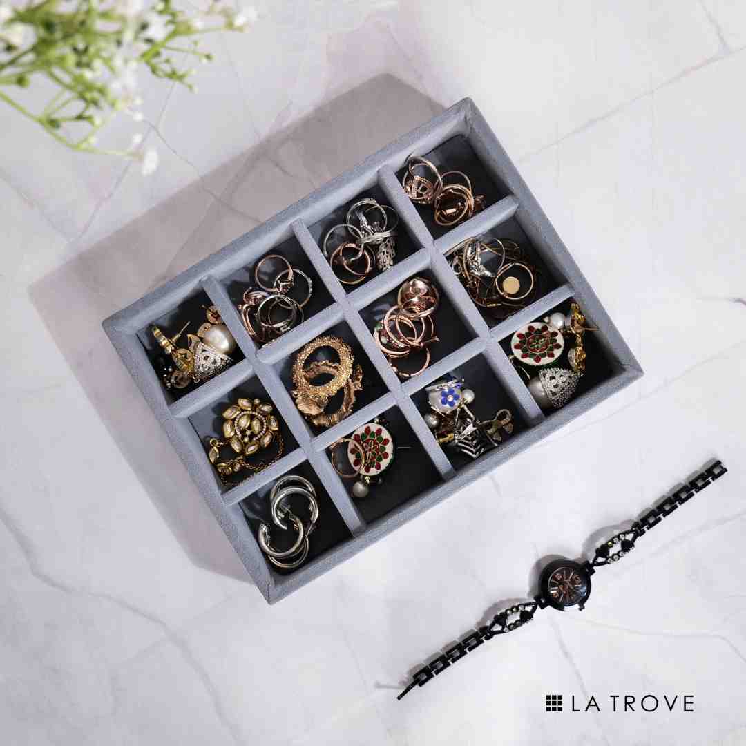 Grey velvet 12 grid jewellery tray for organised ring, earring and accessory storage by La Trove