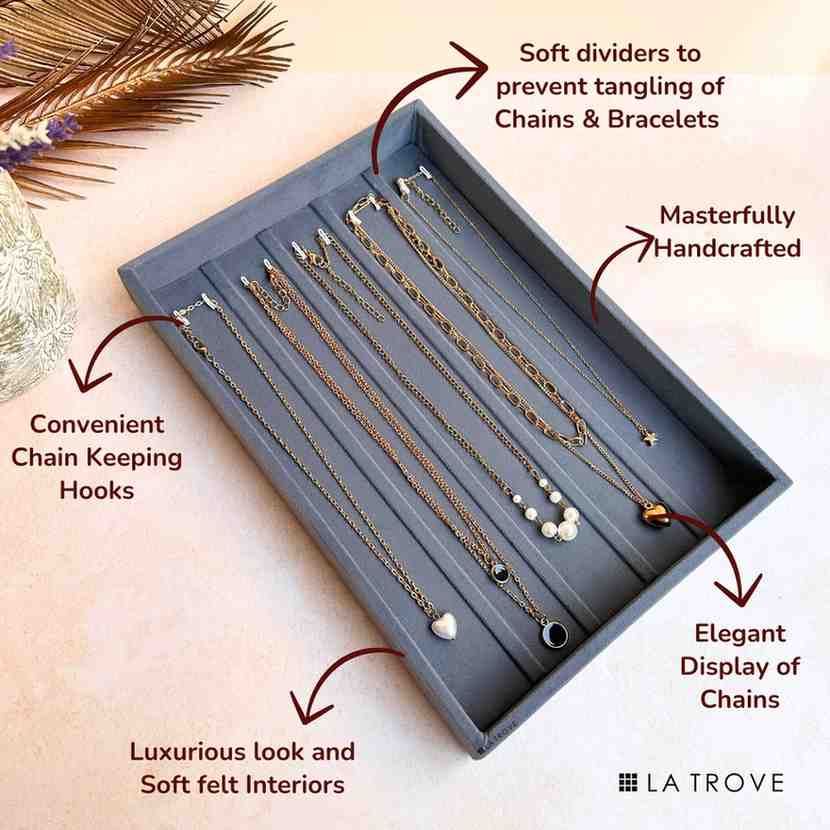 Grey Chain Necklace Jewellery Tray with premium velvet lining for tangle-free jewellery organisation – La Trove