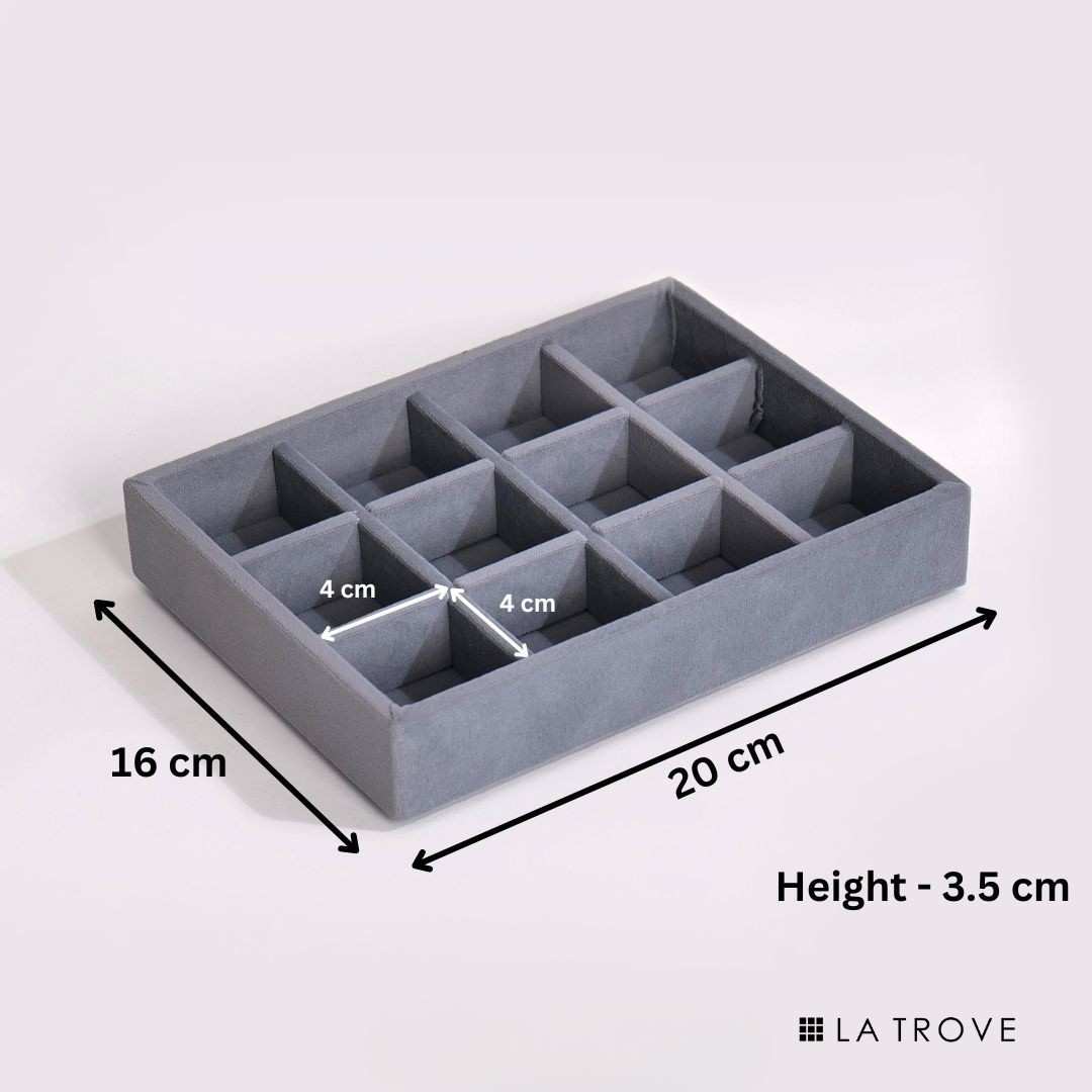 Dimensions of grey 12 grid jewellery tray for premium wardrobe drawer jewellery organisation – La Trove