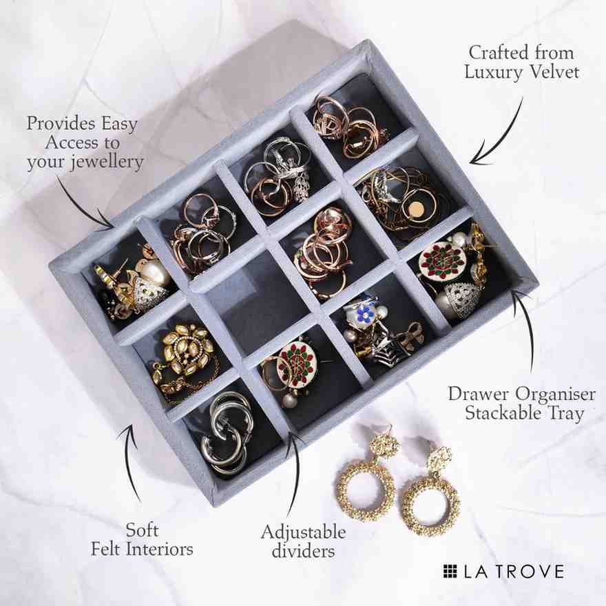 Grey velvet 12 compartment jewellery organiser tray with premium storage for rings, earrings and small accessories – La Trove