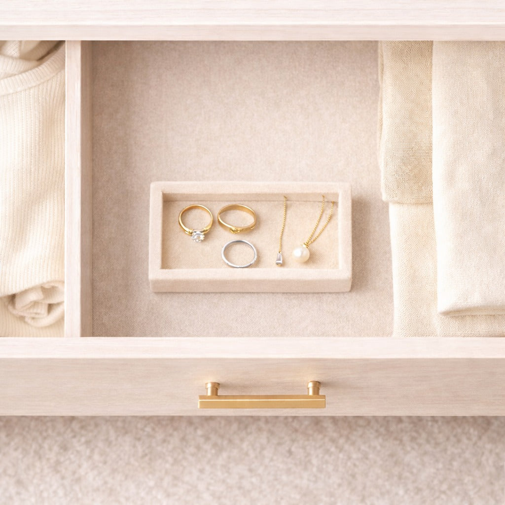 La Trove Nano Velvet Jewellery Tray with rings, earrings and accessories for elegant drawer and vanity organisation