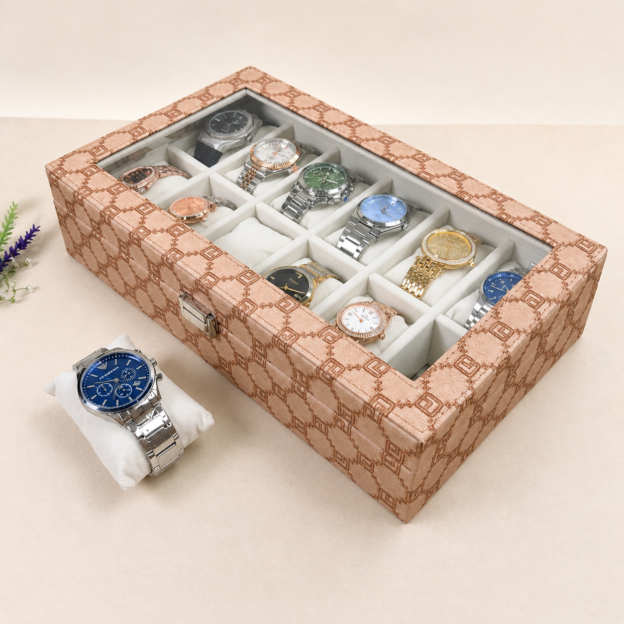 Designer 12-Slot Watch Box with Glass Top