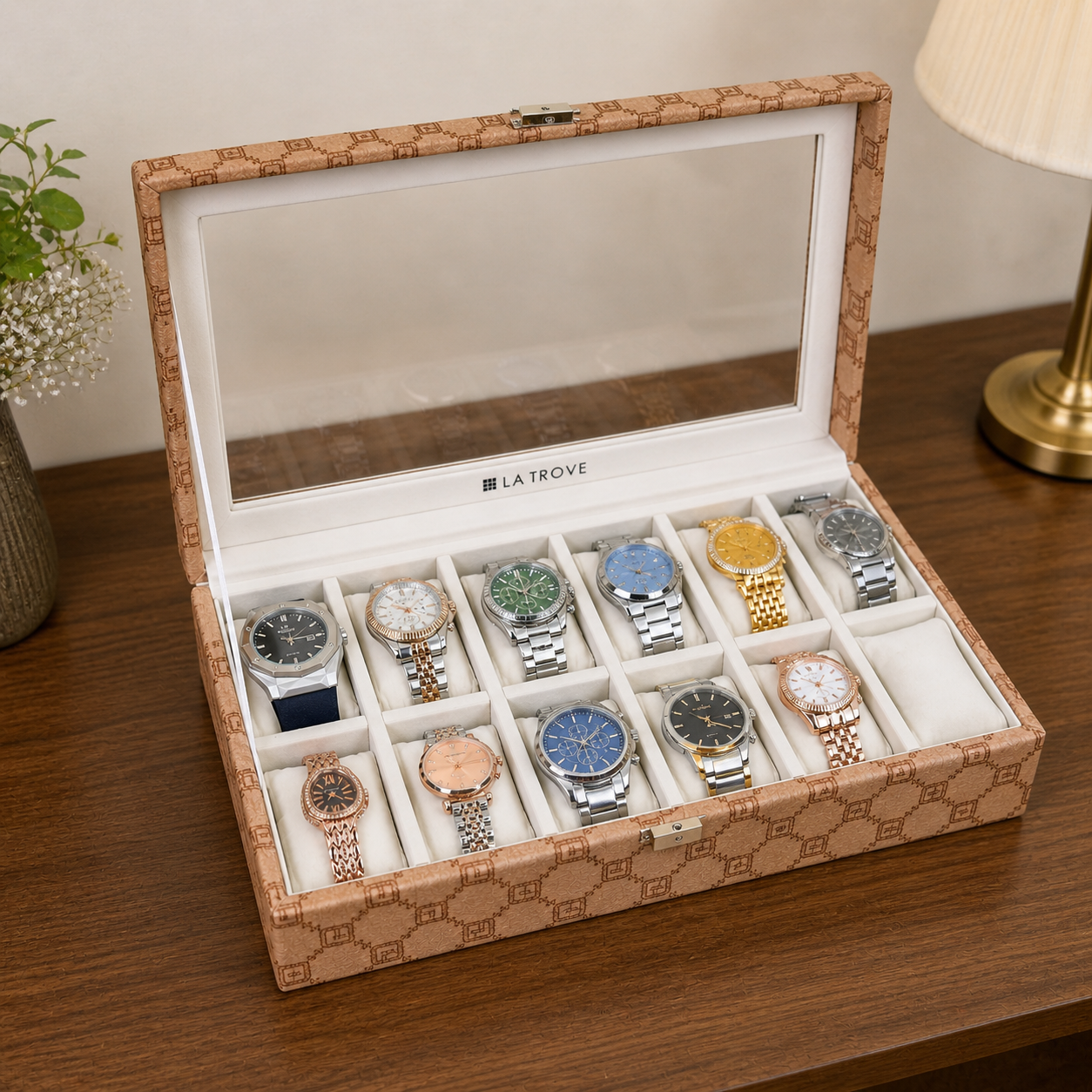Designer 12-Slot Watch Box with Glass Top