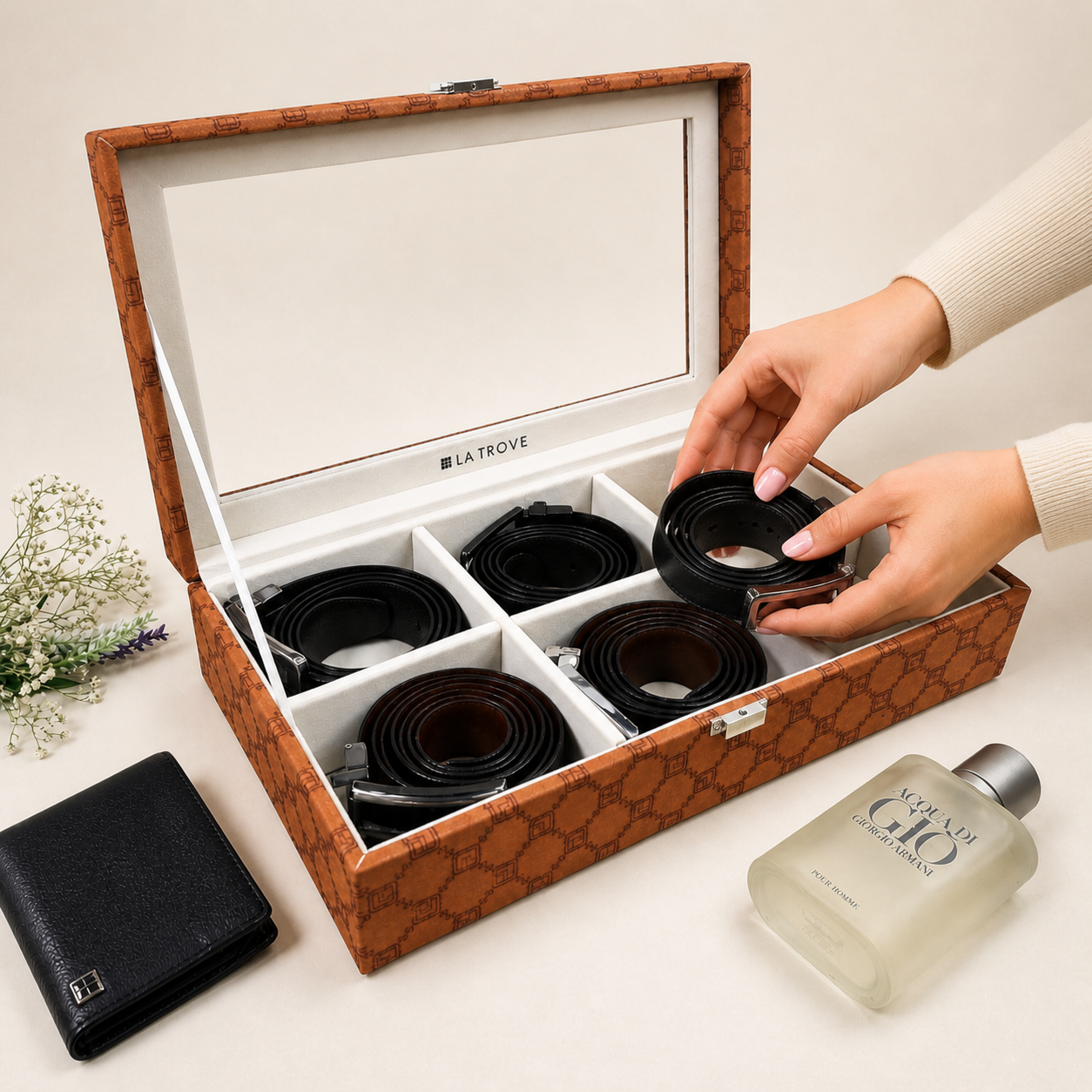 Designer 6 Slot Belt Box With Glass Lid