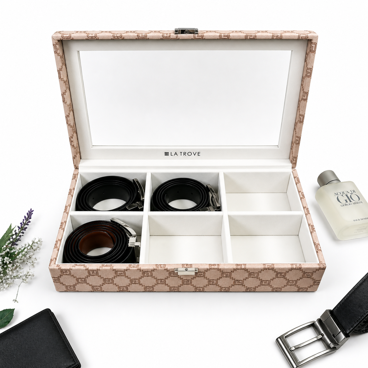 Designer 6 Slot Belt Box With Glass Lid