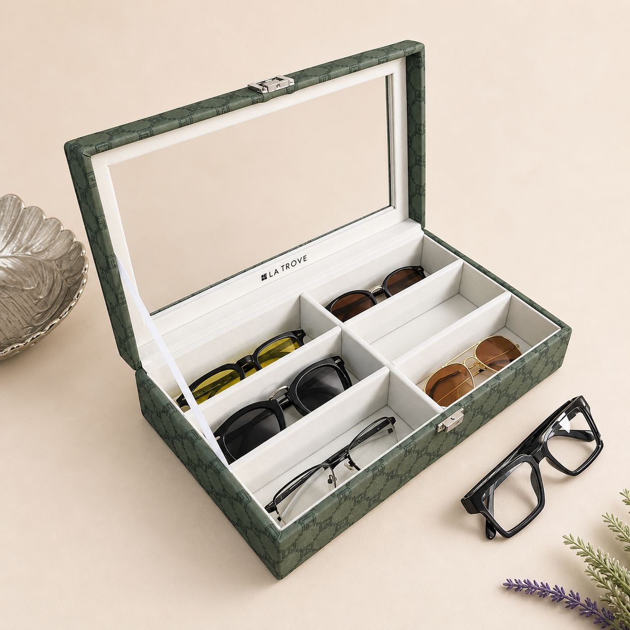 Designer 6 Slot Sunglass Organiser Box With Glass Top