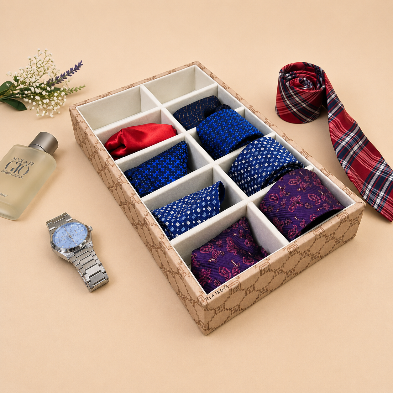 Designer 10-Slot Tie & Pocket Square Organiser Tray