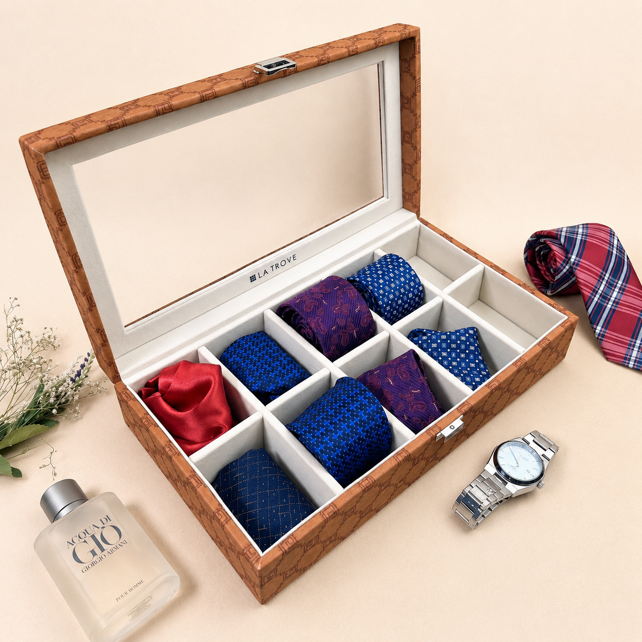 Designer 10 Slot Tie Pocket Square Box With Glass Top