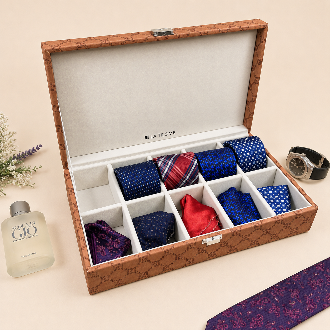 Designer 10 Slot Tie & Pocket Square Box
