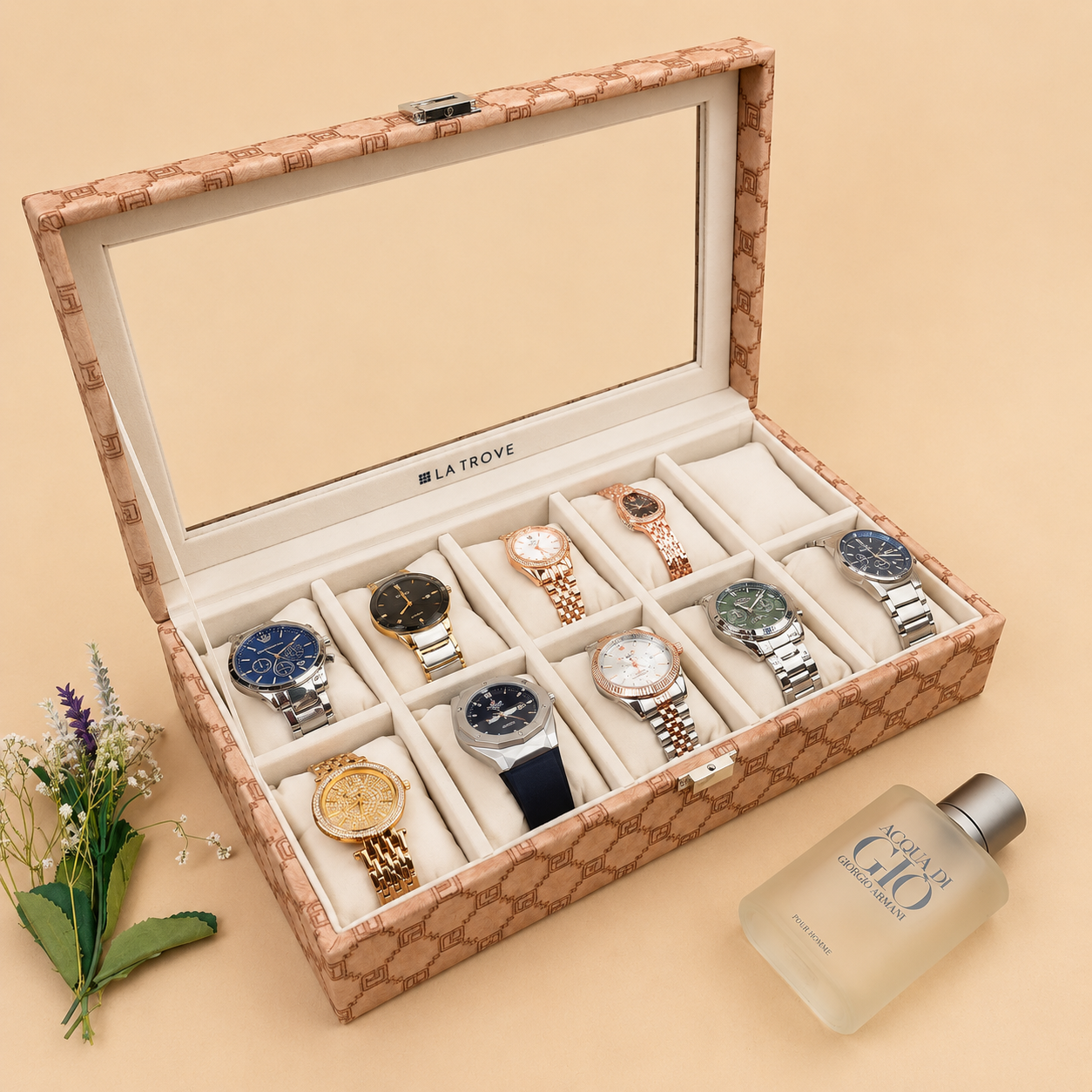 Designer 10 Slot Watch Box With Glass Top