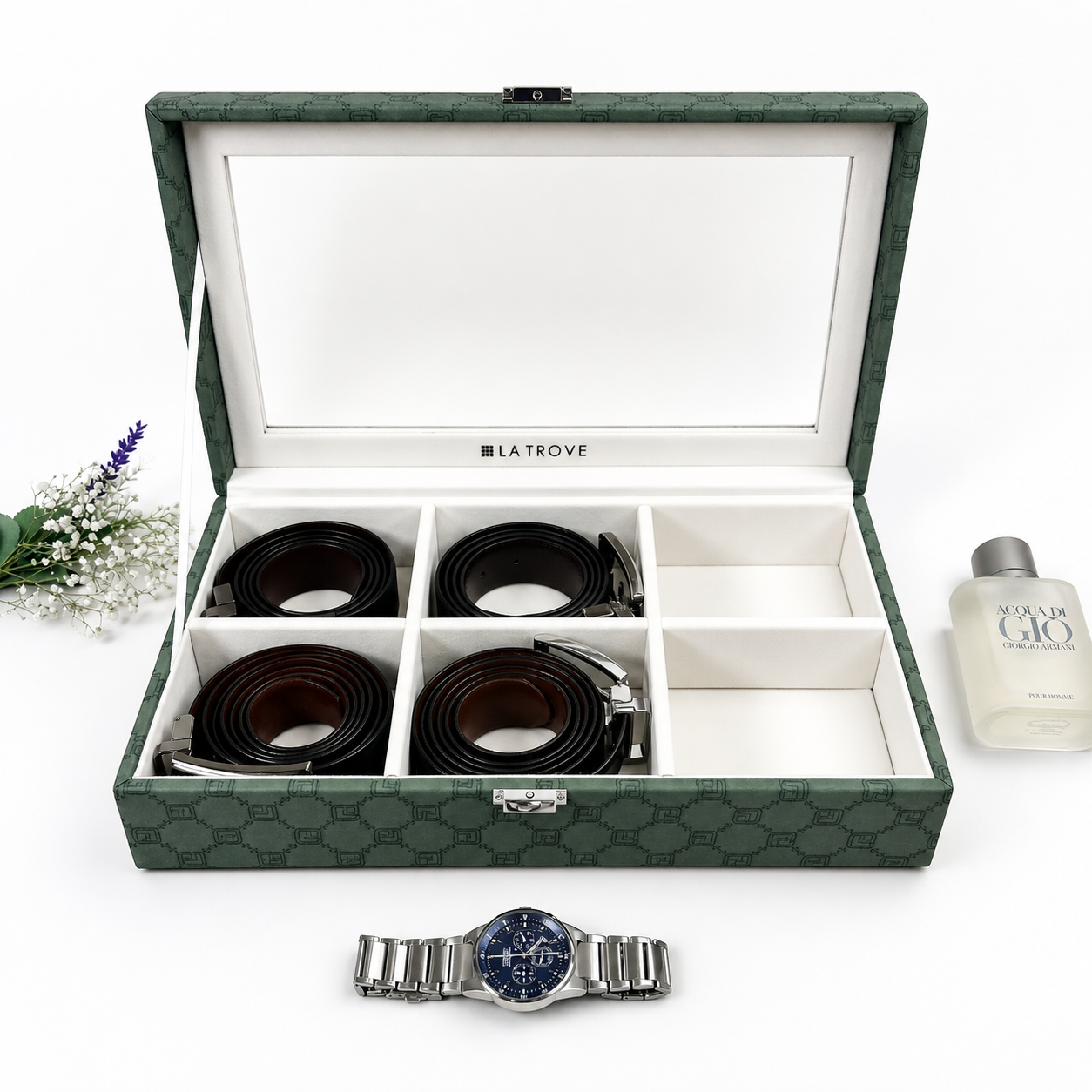 Designer 6 Slot Belt Box With Glass Lid