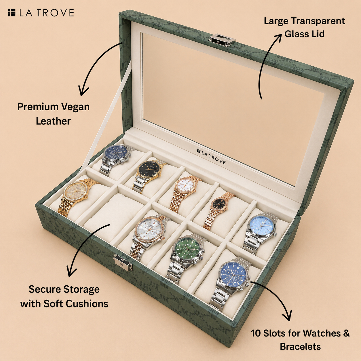 Designer 10 Slot Watch Box With Glass Top