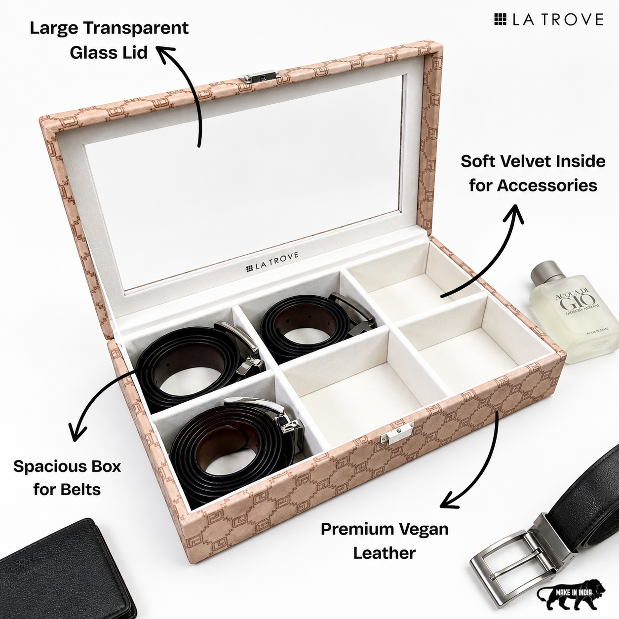 Designer 6 Slot Belt Box With Glass Lid