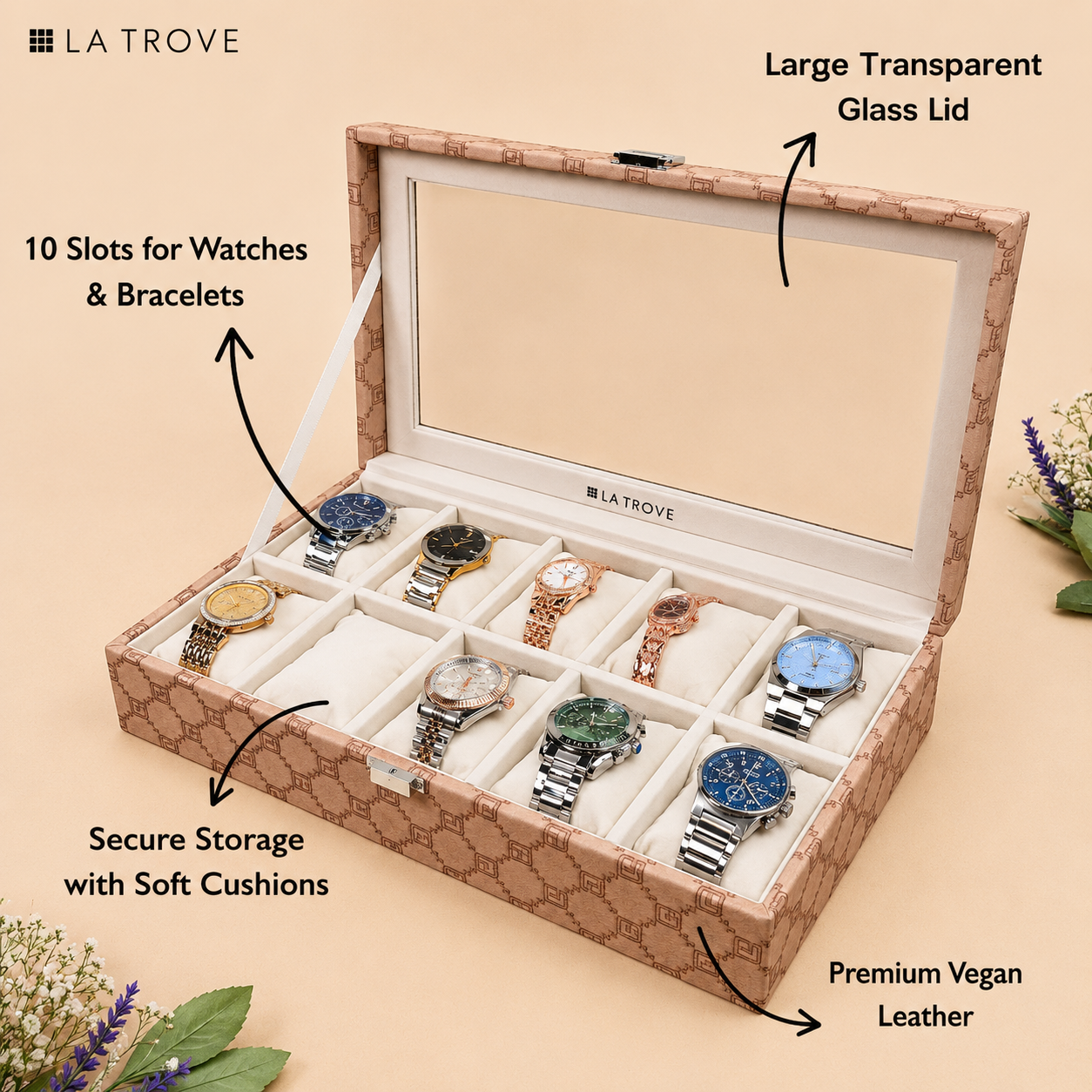 Designer 10 Slot Watch Box With Glass Top