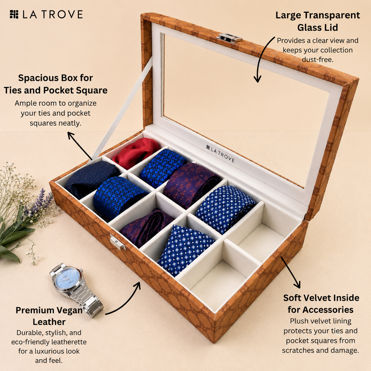 Designer 10 Slot Tie Pocket Square Box With Glass Top