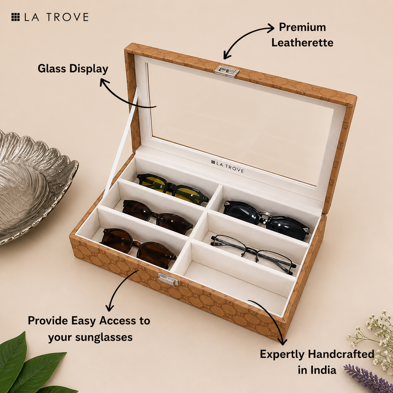 Designer 6 Slot Sunglass Organiser Box With Glass Top