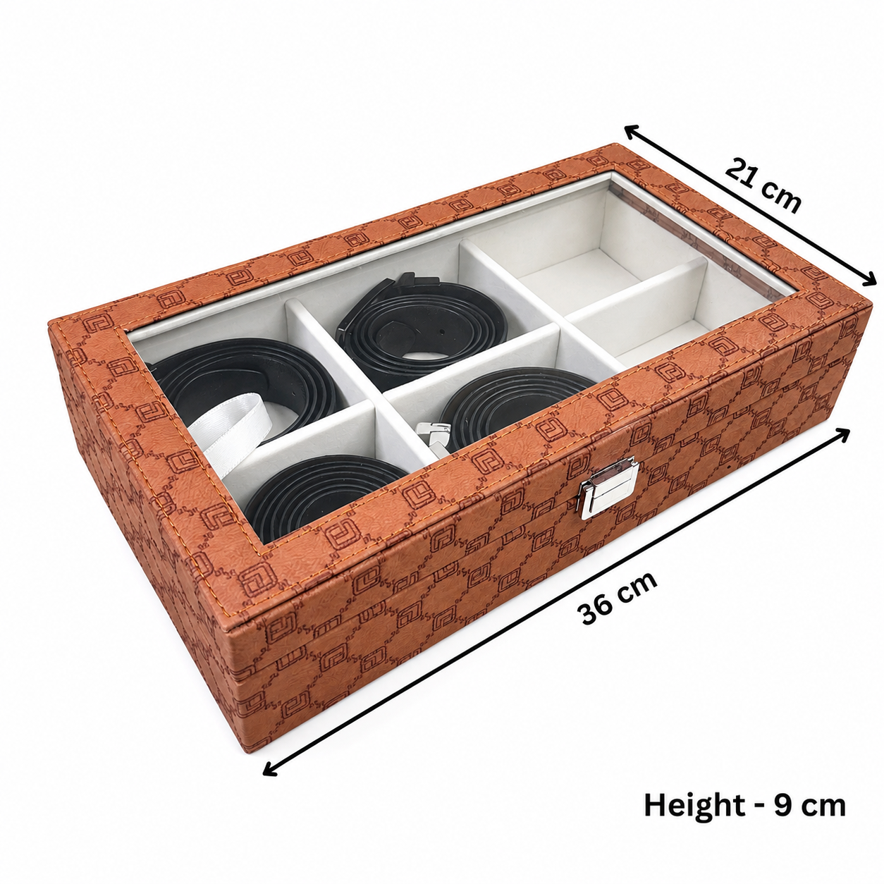 Designer 6 Slot Belt Box With Glass Lid