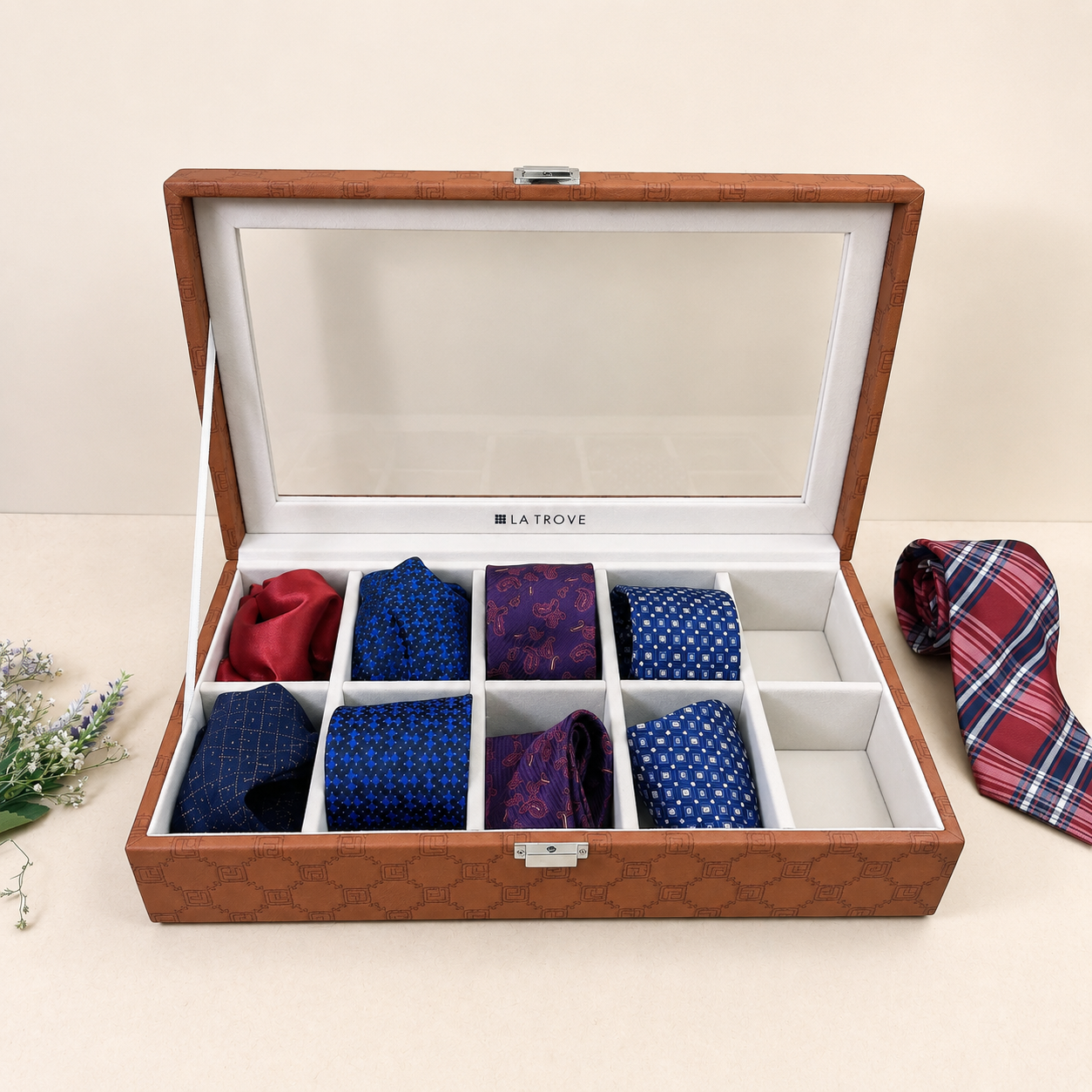 Designer 10 Slot Tie Pocket Square Box With Glass Top