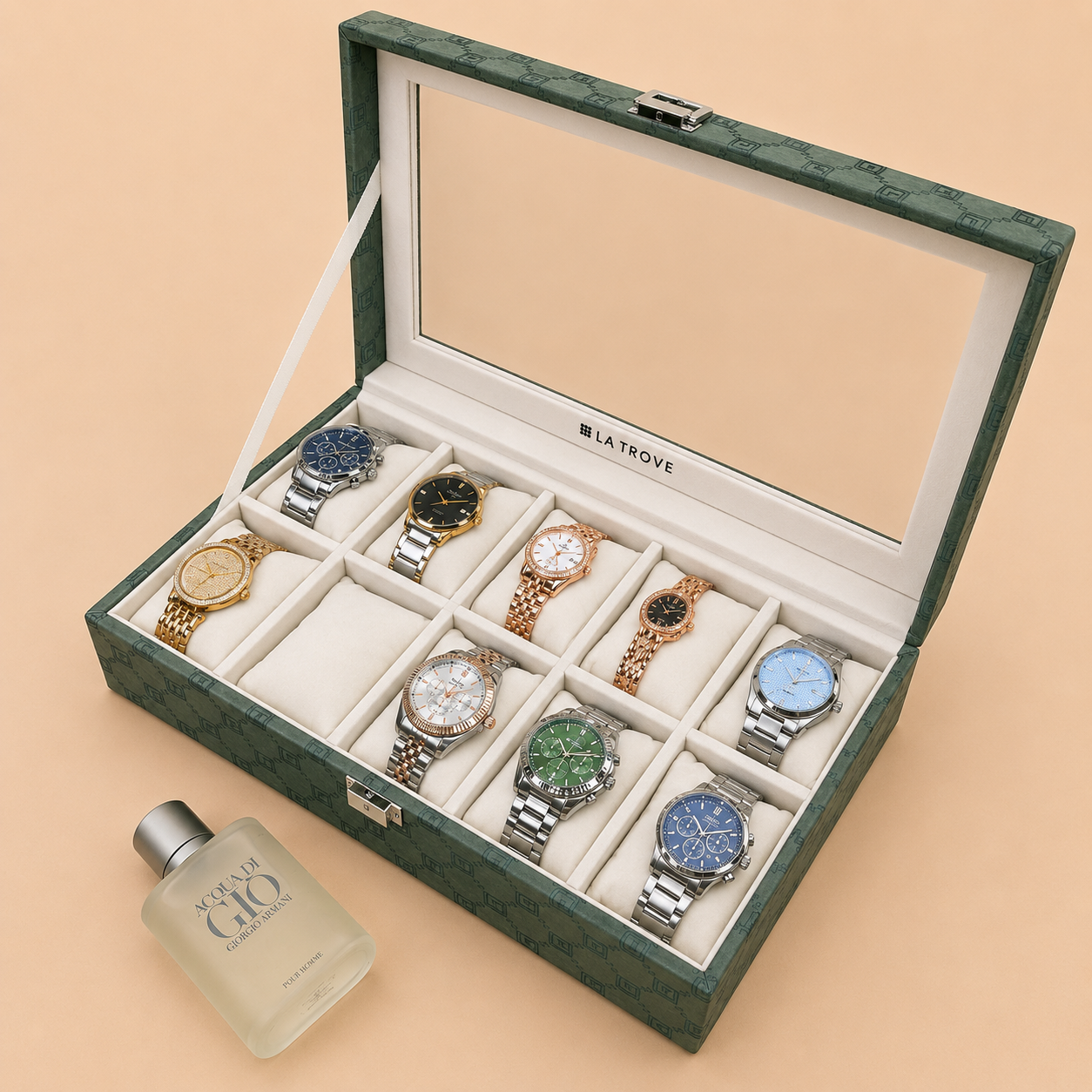 Designer 10 Slot Watch Box With Glass Top