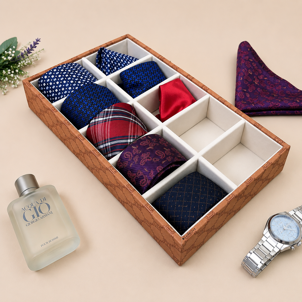 Designer 10-Slot Tie & Pocket Square Organiser Tray