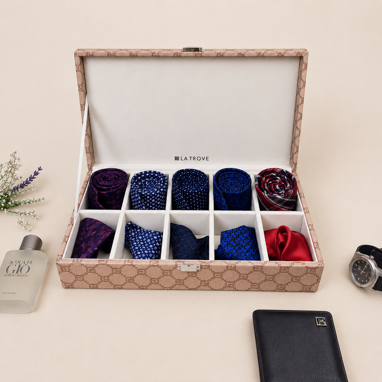 Designer 10 Slot Tie & Pocket Square Box