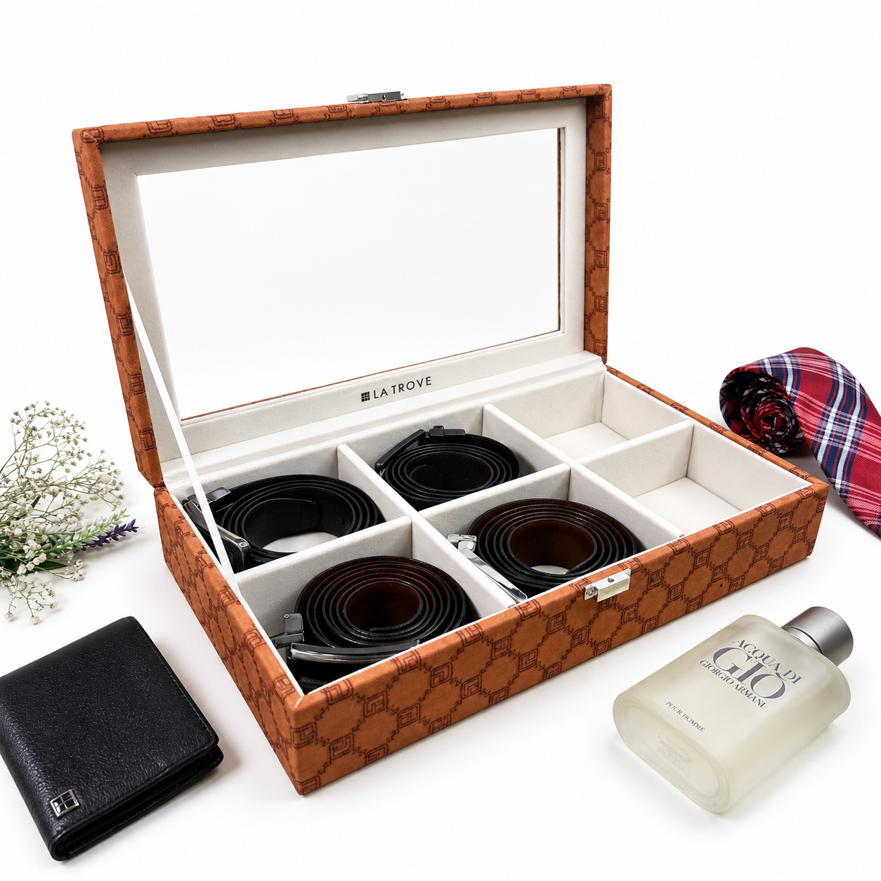 Designer 6 Slot Belt Box With Glass Lid