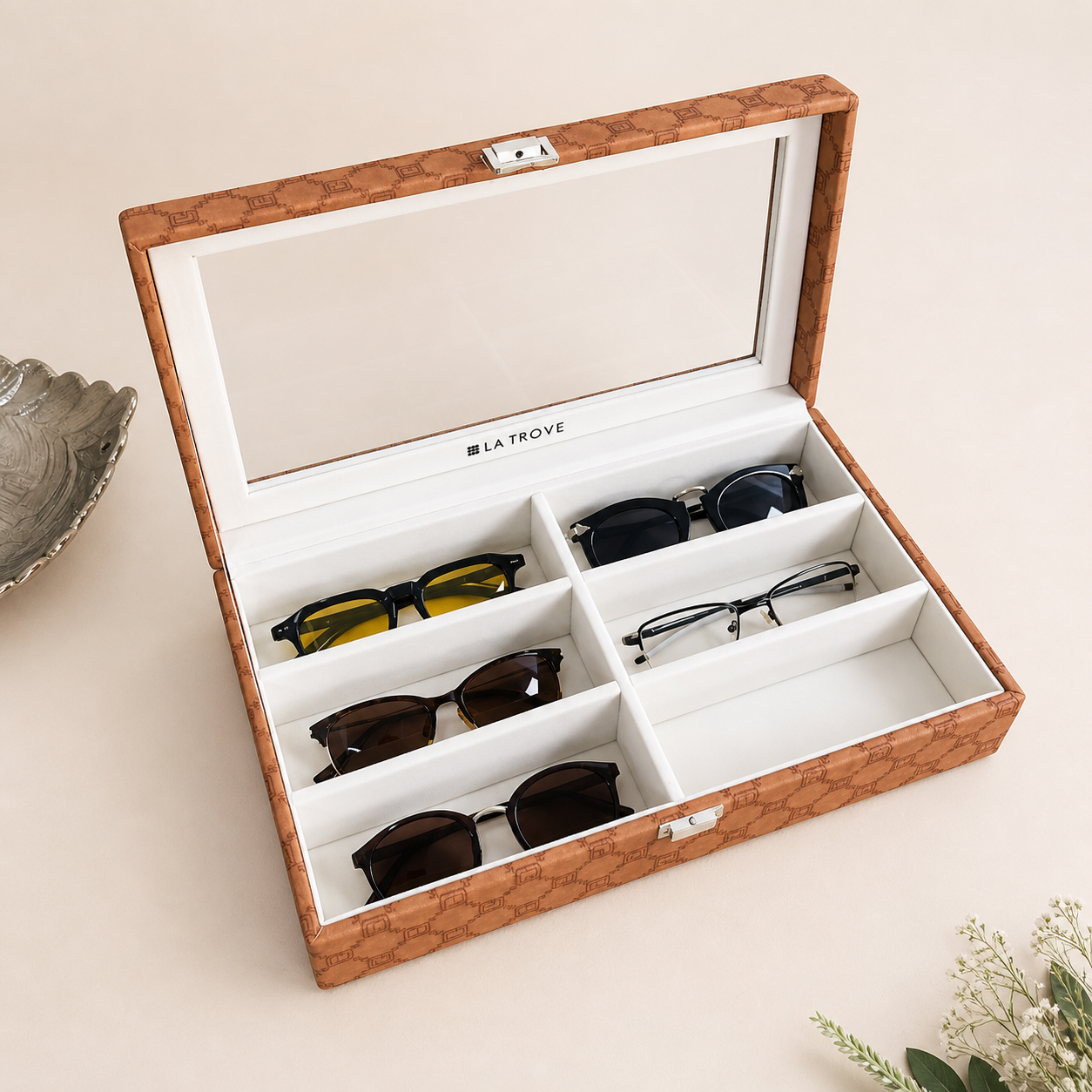 Designer 6 Slot Sunglass Organiser Box With Glass Top