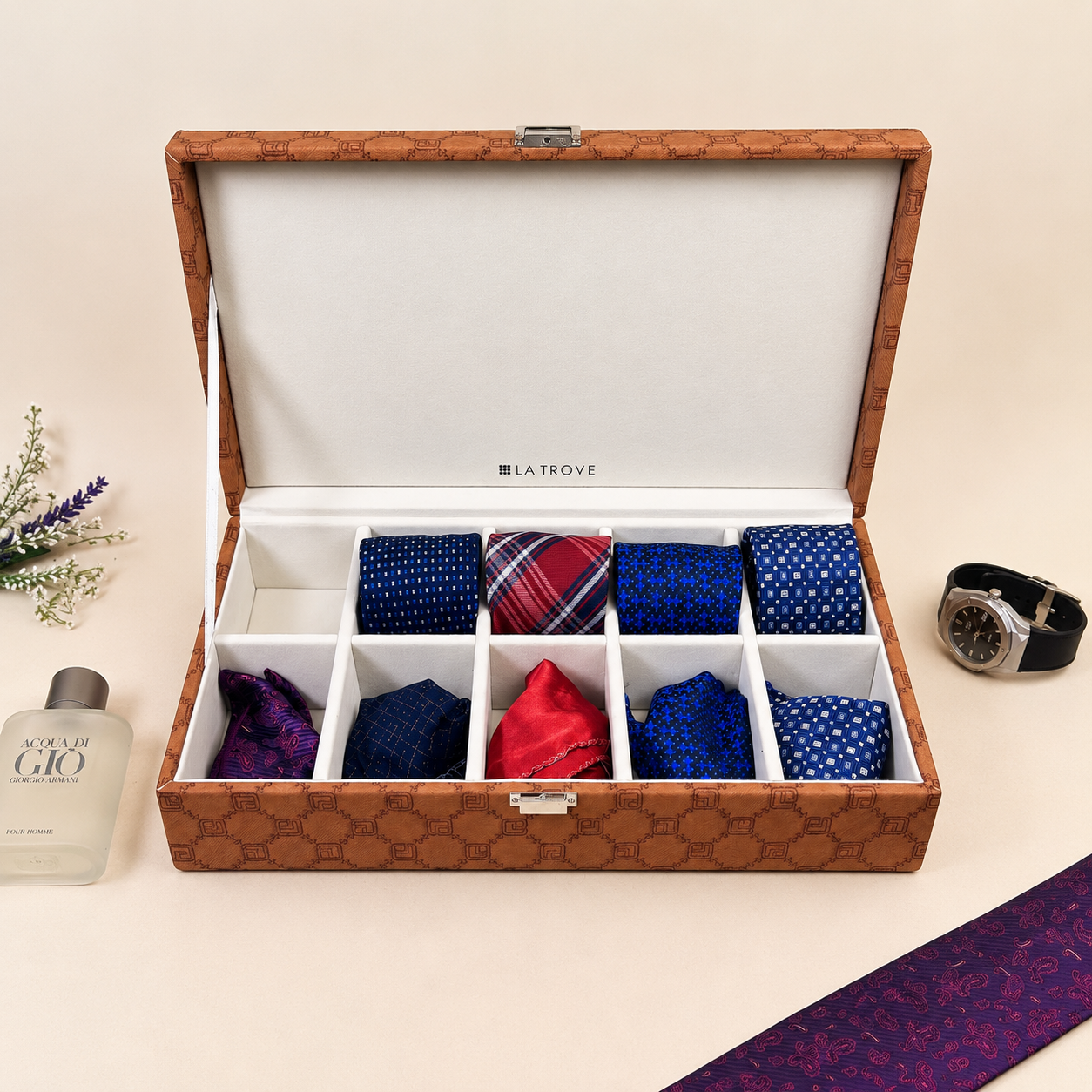 Designer 10 Slot Tie & Pocket Square Box
