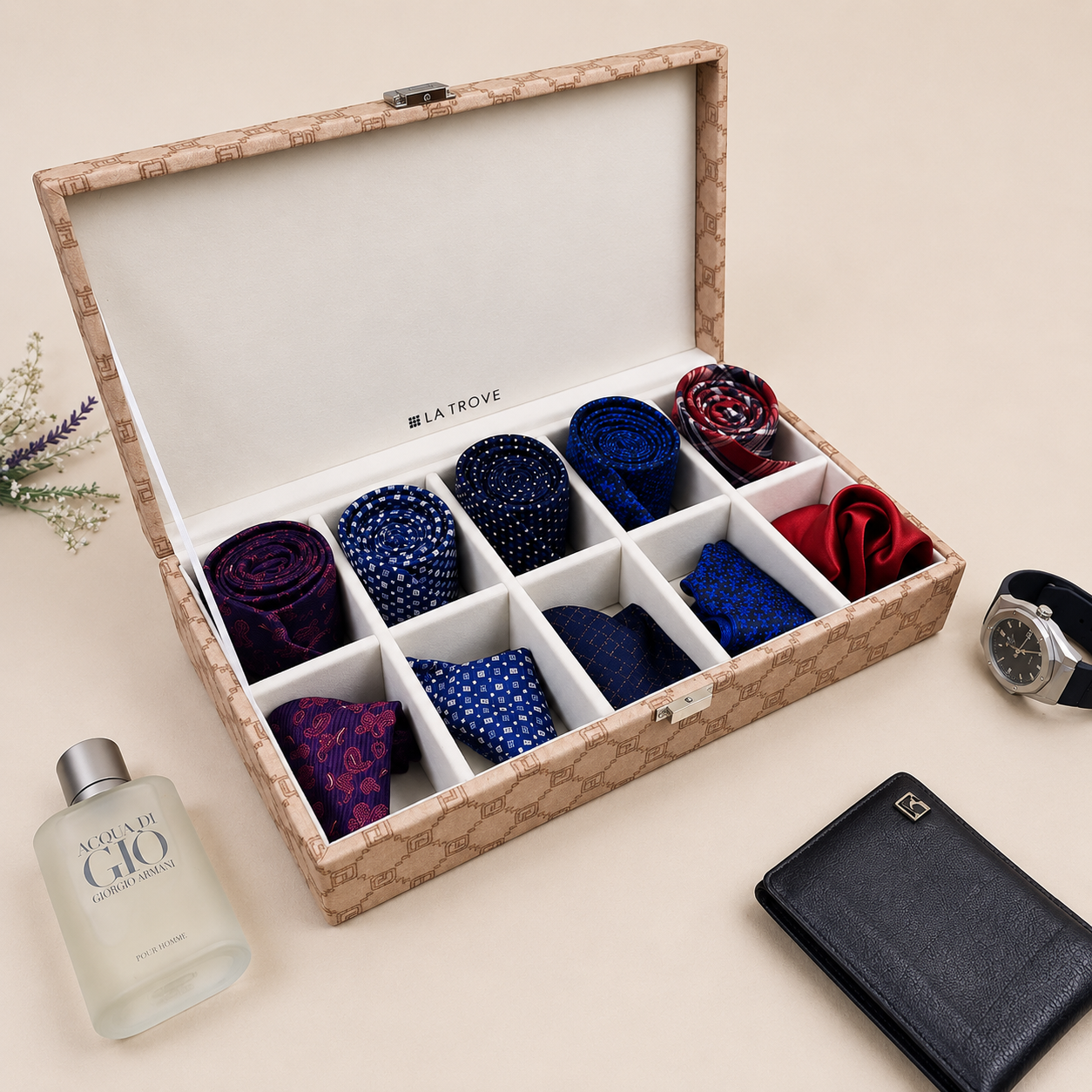 Designer 10 Slot Tie & Pocket Square Box