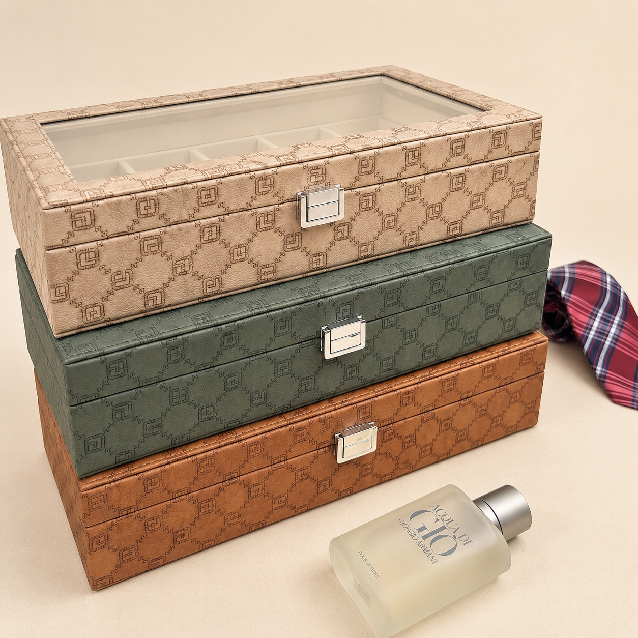 Designer 10 Slot Tie Pocket Square Box With Glass Top