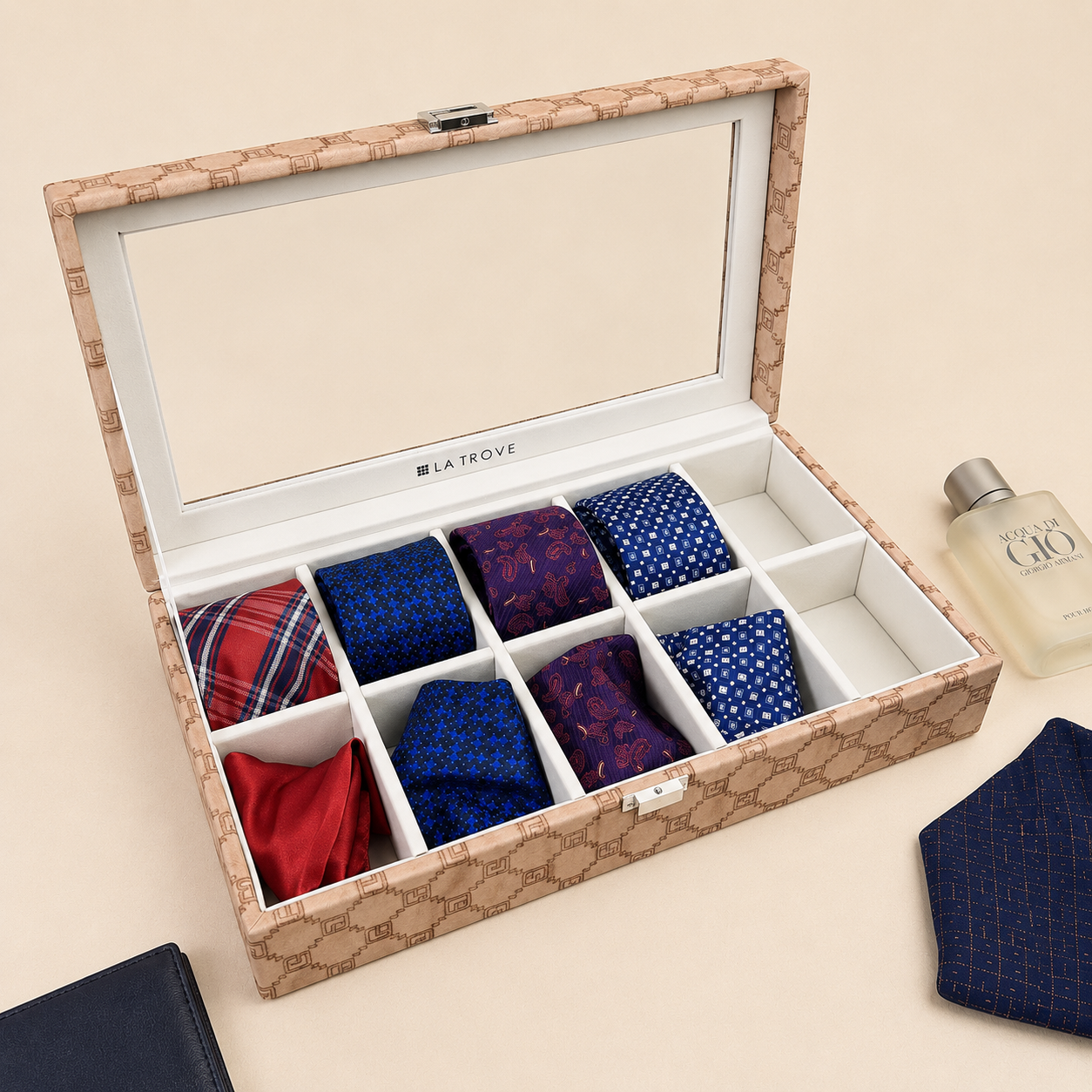 Designer 10 Slot Tie Pocket Square Box With Glass Top