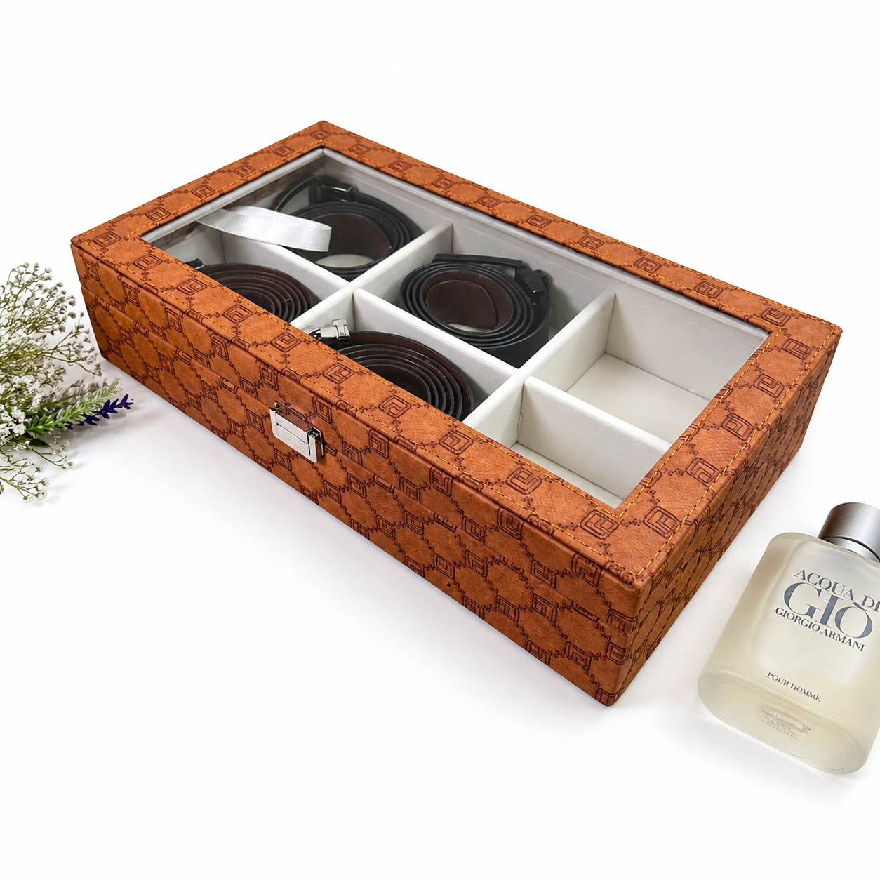 Designer 6 Slot Belt Box With Glass Lid