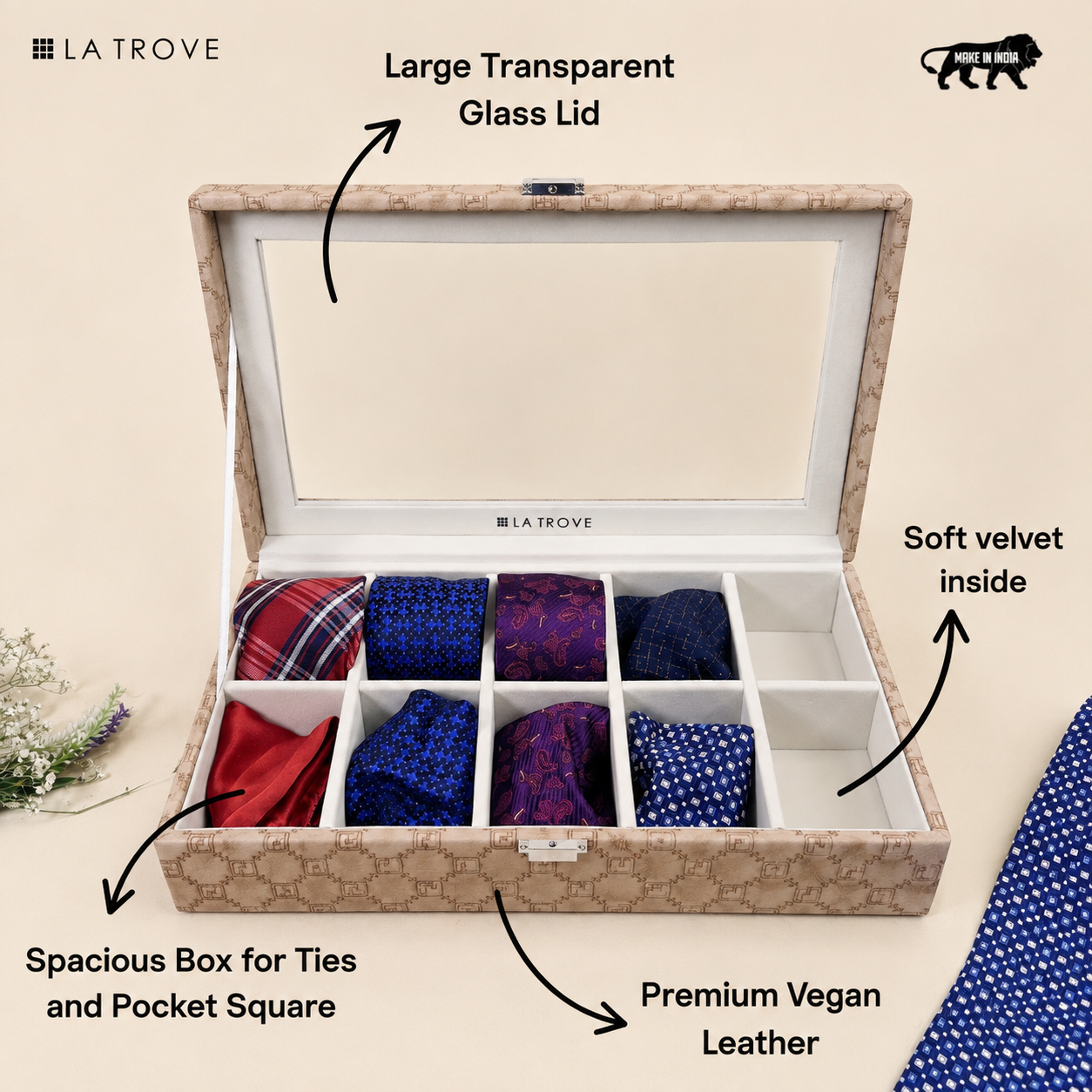 Designer 10 Slot Tie Pocket Square Box With Glass Top