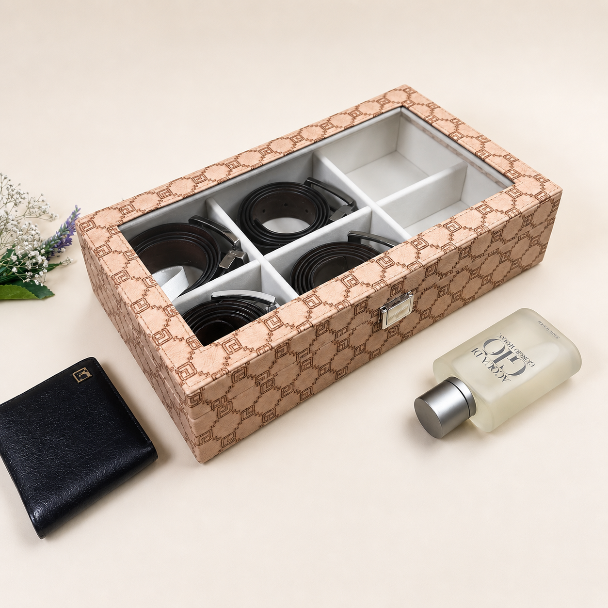 Designer 6 Slot Belt Box With Glass Lid
