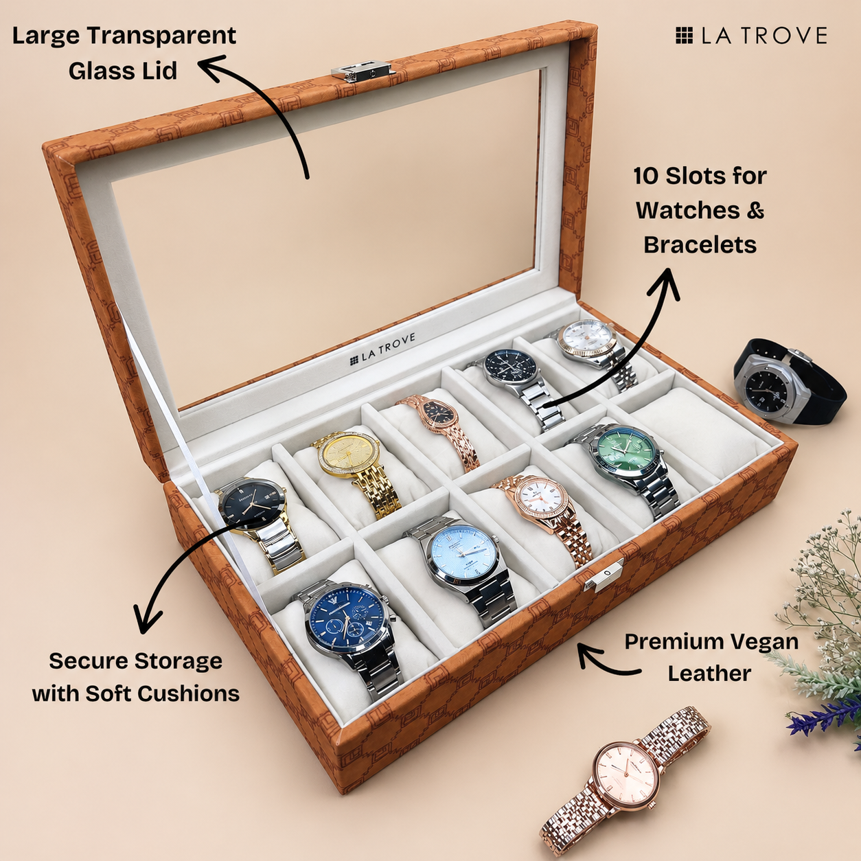 Designer 10 Slot Watch Box With Glass Top