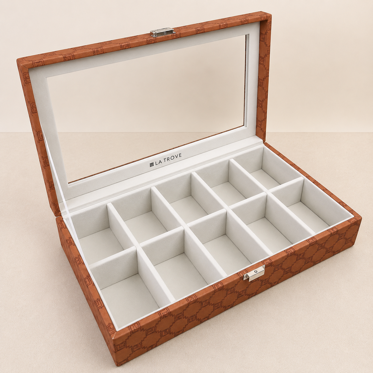 Designer 10 Slot Tie Pocket Square Box With Glass Top