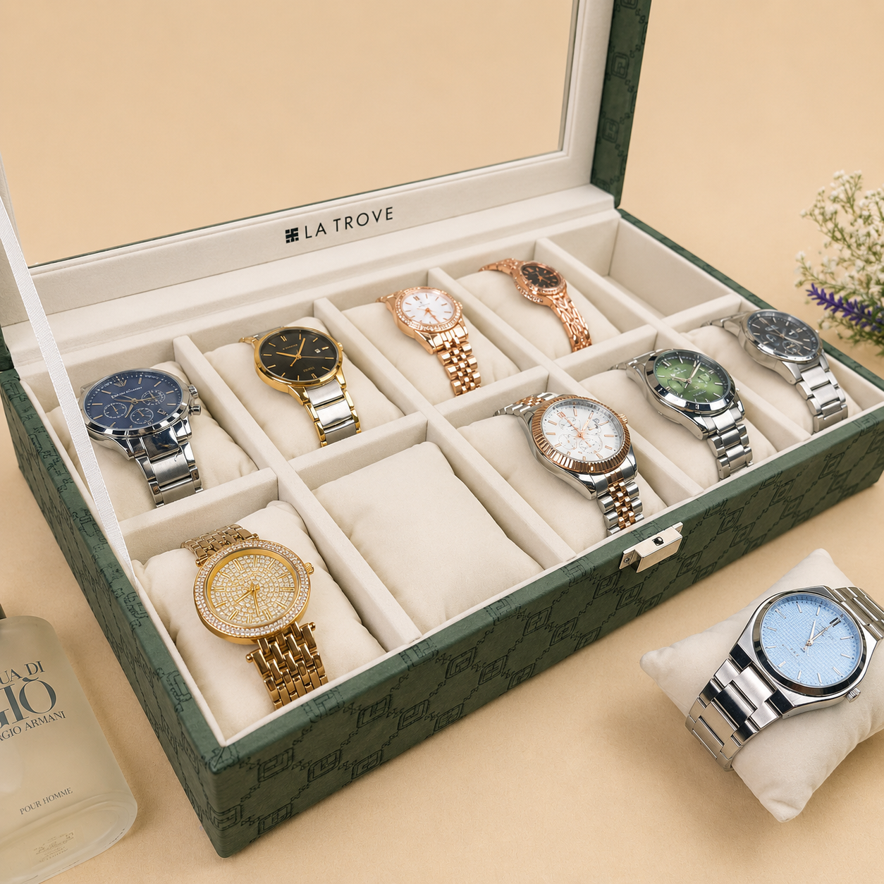 Designer 10 Slot Watch Box With Glass Top