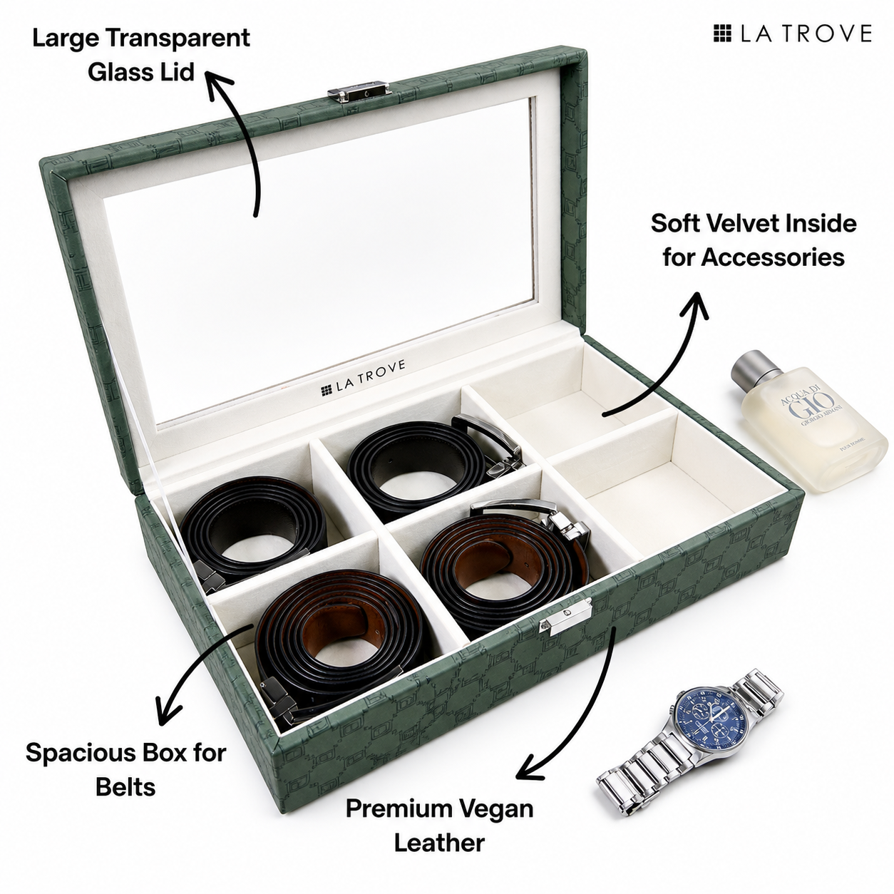 Designer 6 Slot Belt Box With Glass Lid