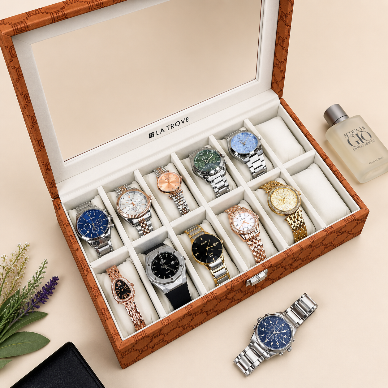 Designer 12-Slot Watch Box with Glass Top