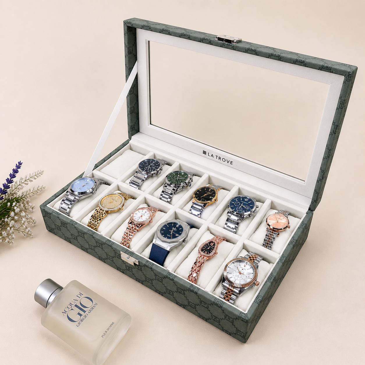 Designer 12-Slot Watch Box with Glass Top