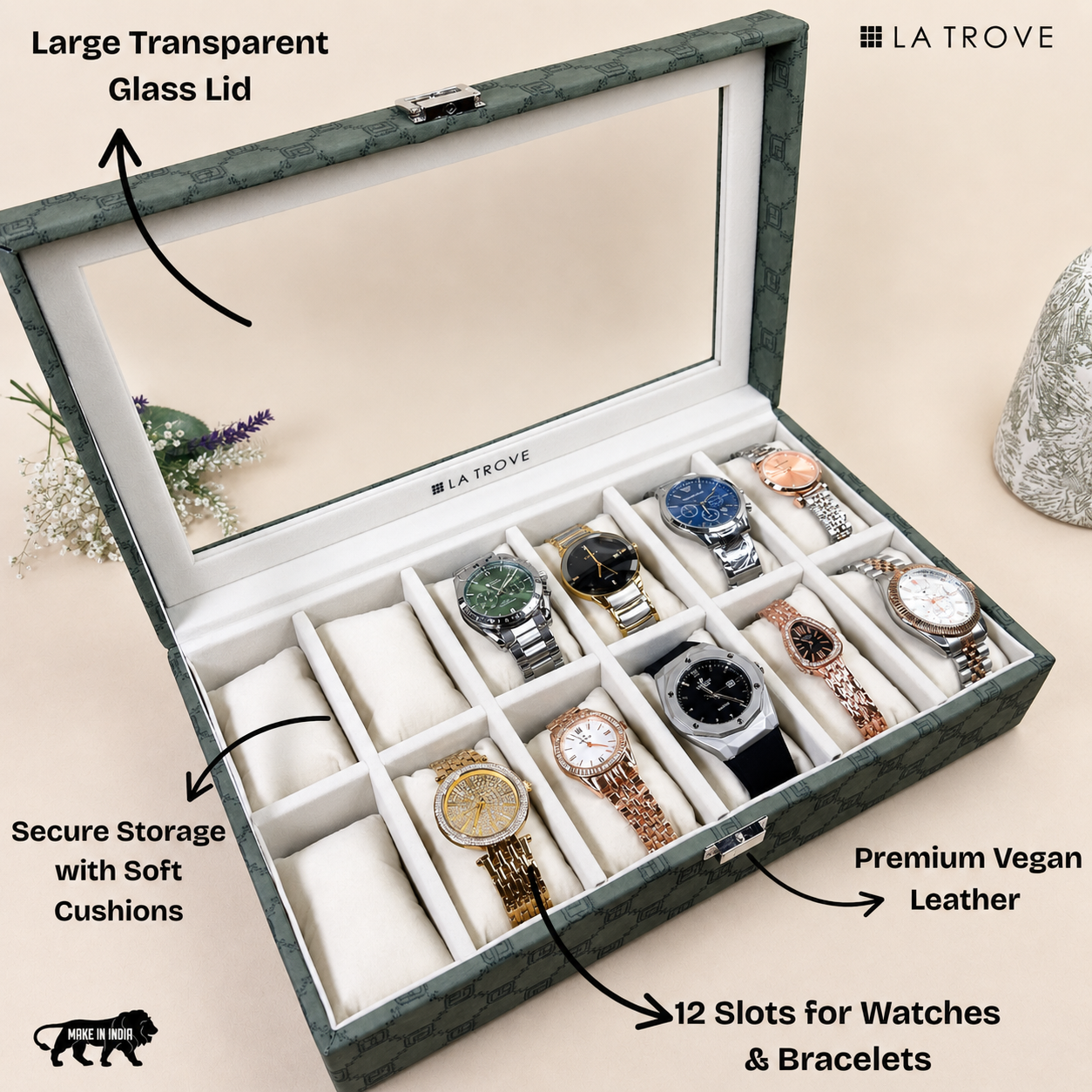 Designer 12-Slot Watch Box with Glass Top