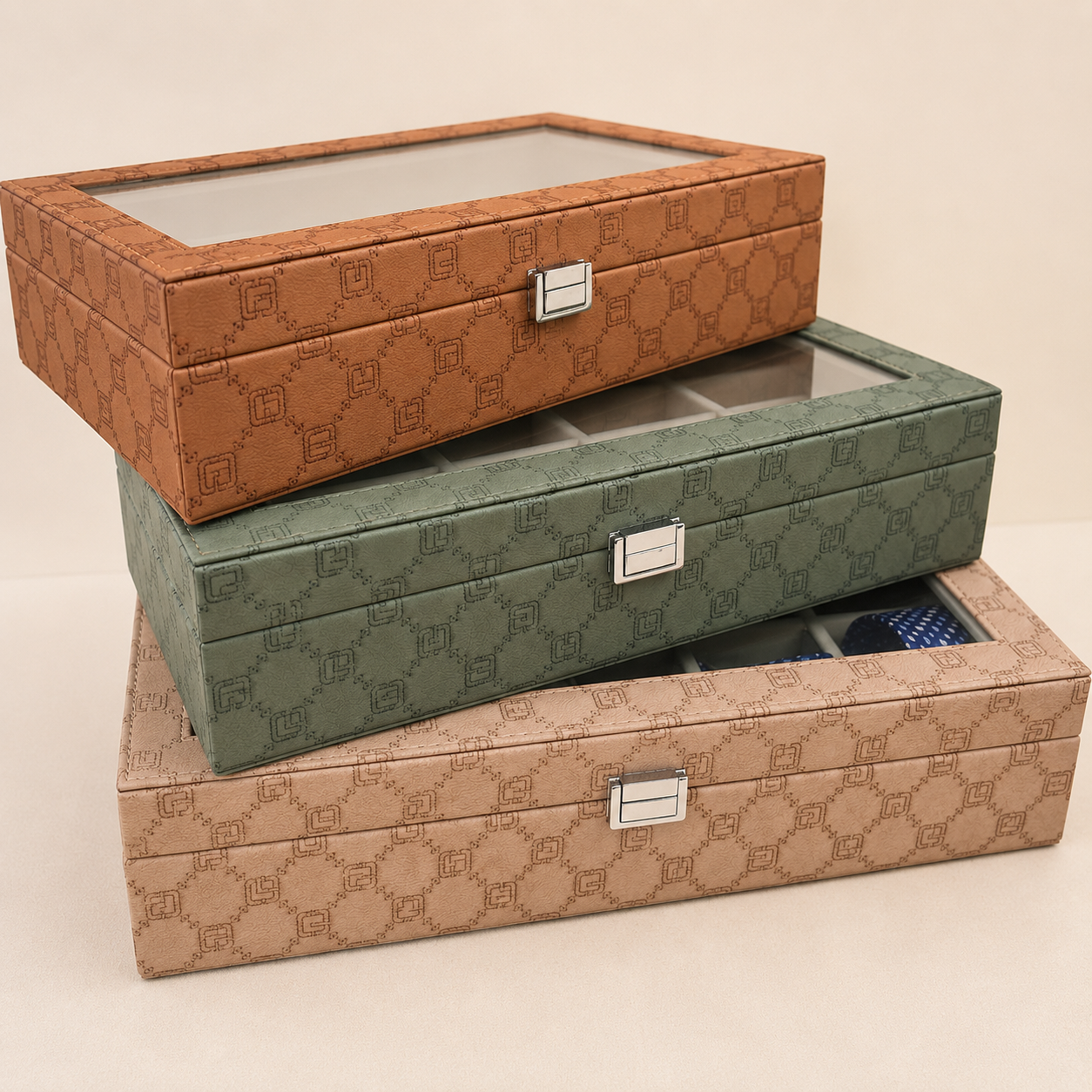 Designer 10 Slot Tie Pocket Square Box With Glass Top