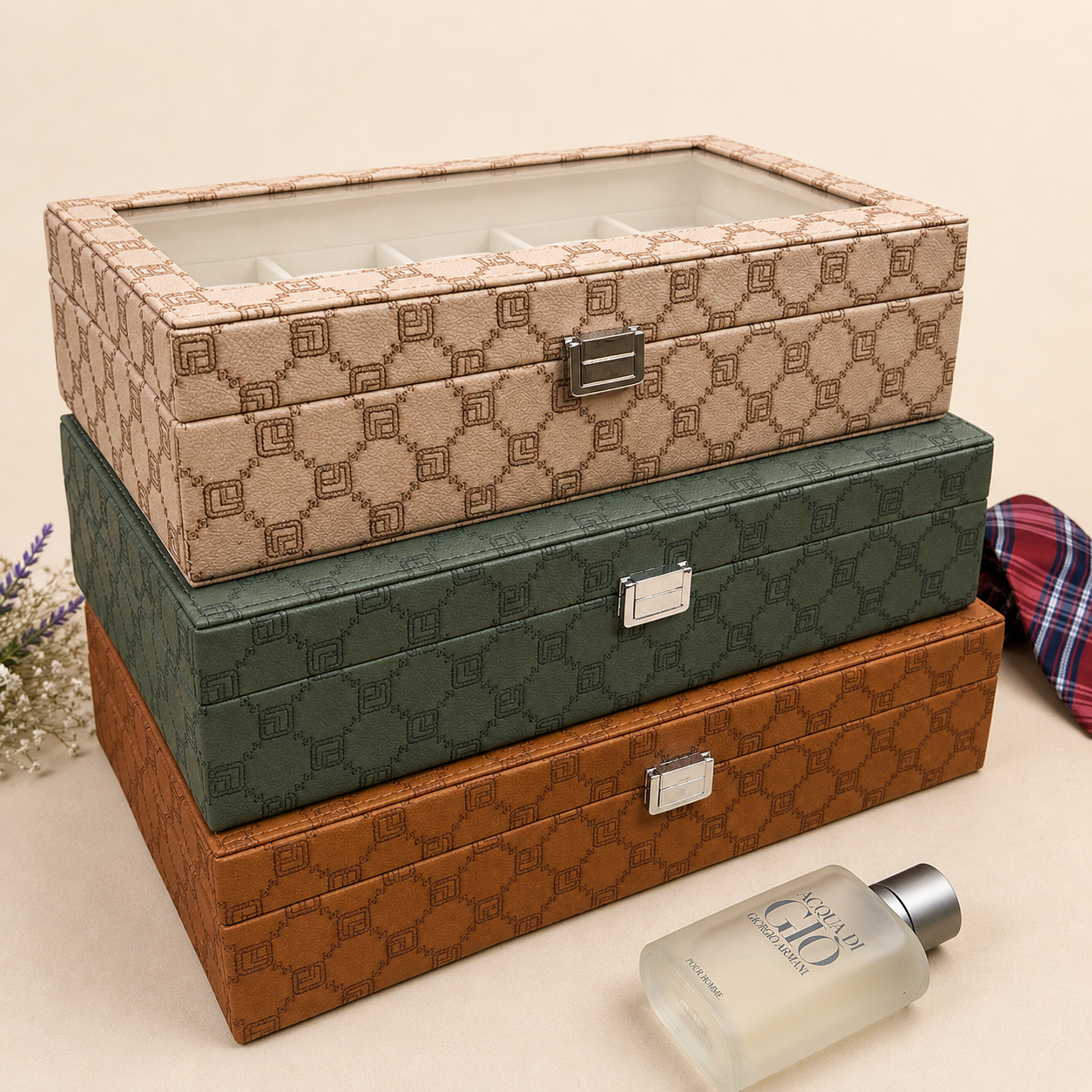 Designer 12-Slot Watch Box with Glass Top